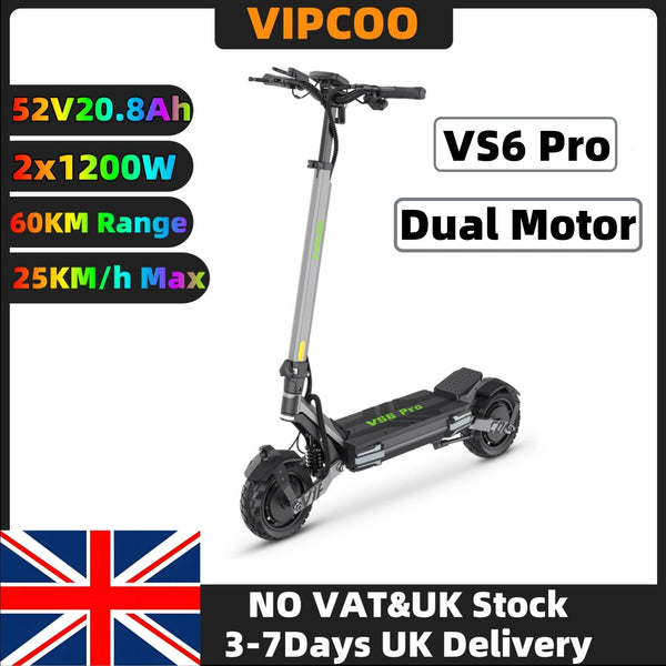 VIPCOO VS6 PRO Fast Electric Scooter 2x1200W Dual Motors 52V 20.8Ah Power Battery 50-65Km Range Foldable Adult City E-Scooter