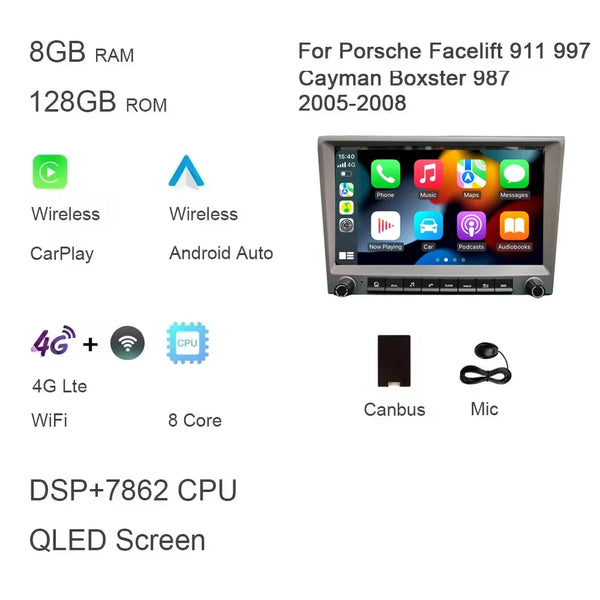 Grey 720P CarPlay 8" Android 14.0 Car DVD player 8 Core 4GB DSP multimedia GPS autoradio For Porsche 911 997 987 Cayman Boxster