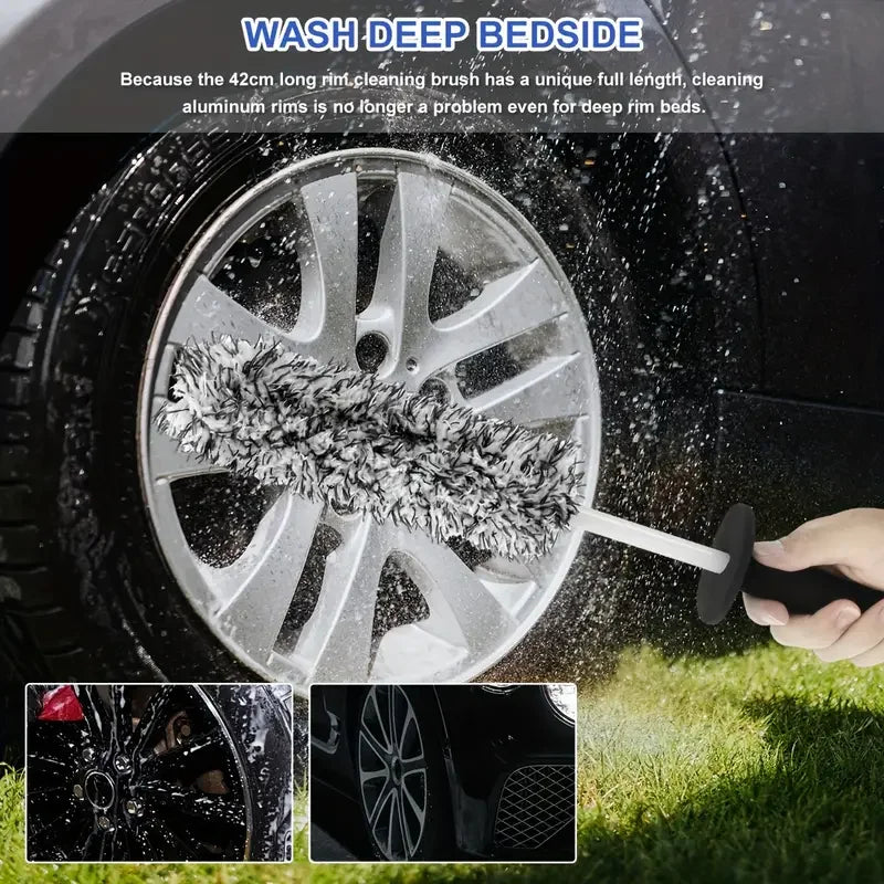 Car Wash Super Brush Plush Premium Wheels Brush Non-Slip Handle Easy To Cleaning Rims Spokes Wheel Barrel Car Accessories Car Wa