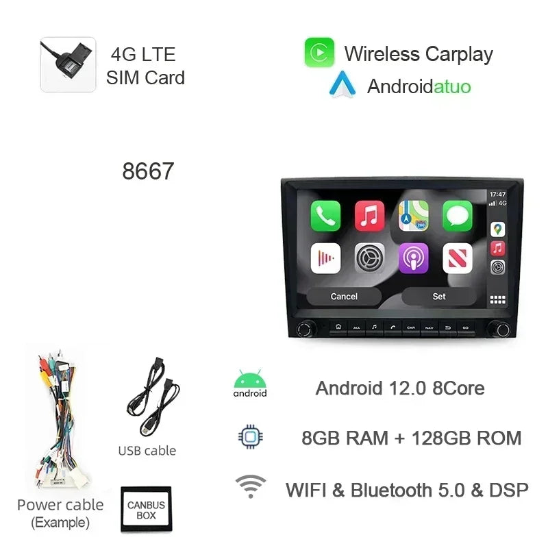 8G 256GB 7" Auto Android 12 Car Radio GPS Player Carplay Navi Bluetooth Wifi For Porsche 911 996 986 Boxster Carrera 1998-2006
