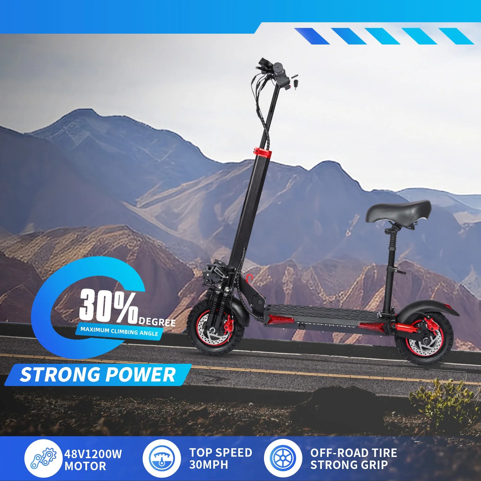 1200W Electric Scooter with Seat for Adult, Max Speed 34mph, 35miles Range, 11'' Off-road Tires, Fast E-scooter for Commuting