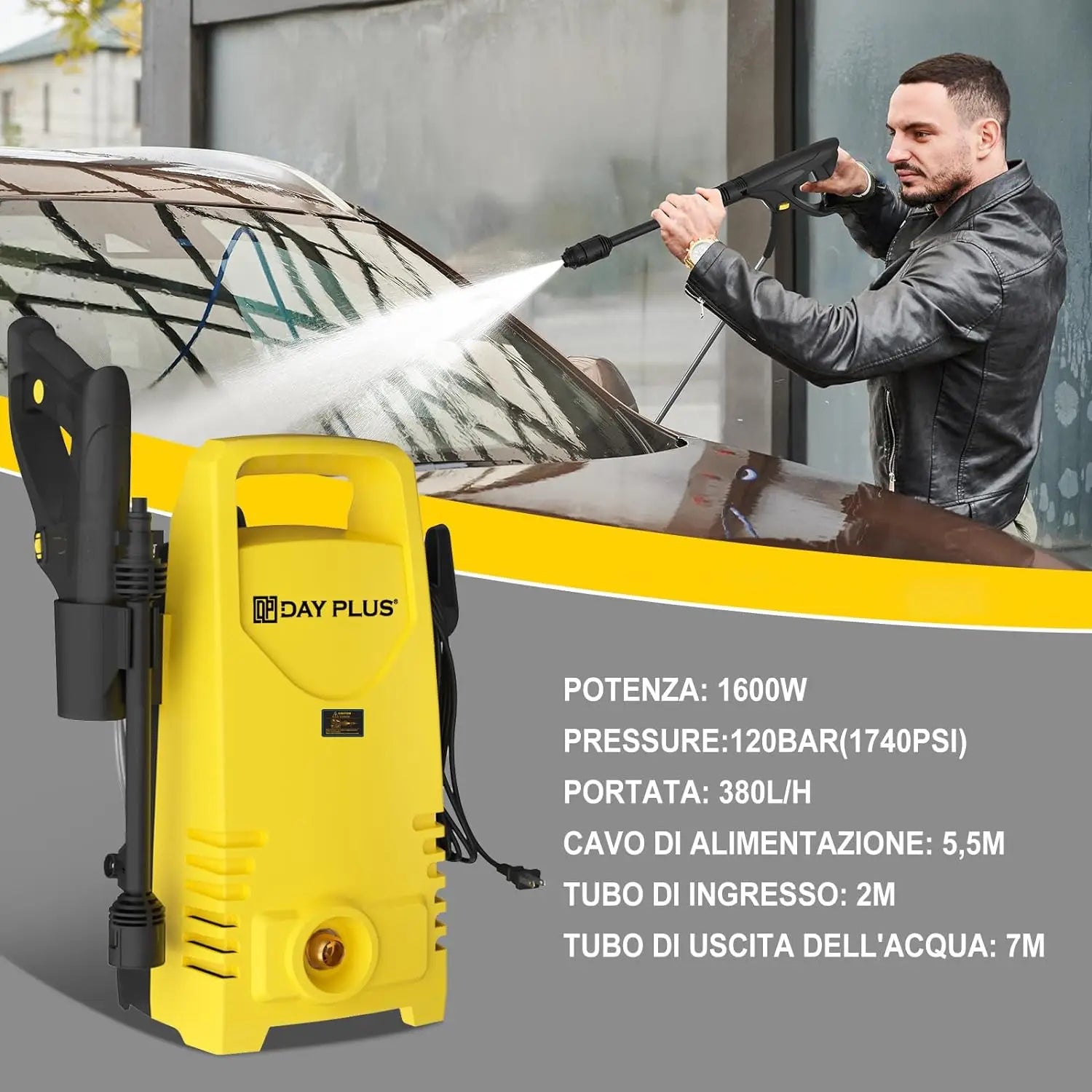 Electric High Pressure Washer 1600W, 120bar, 380L/h – Adjustable Lance, 7m Flexible Hose, for Terraces, Gardens, Cars