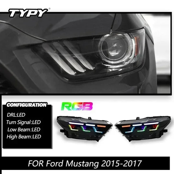 TYPY Car Headlights For Ford Mustang RGB Headlight 2015-2017 Upgrade Modified Dynamic Turn Signal Lamp Brake DRL Car Accessories