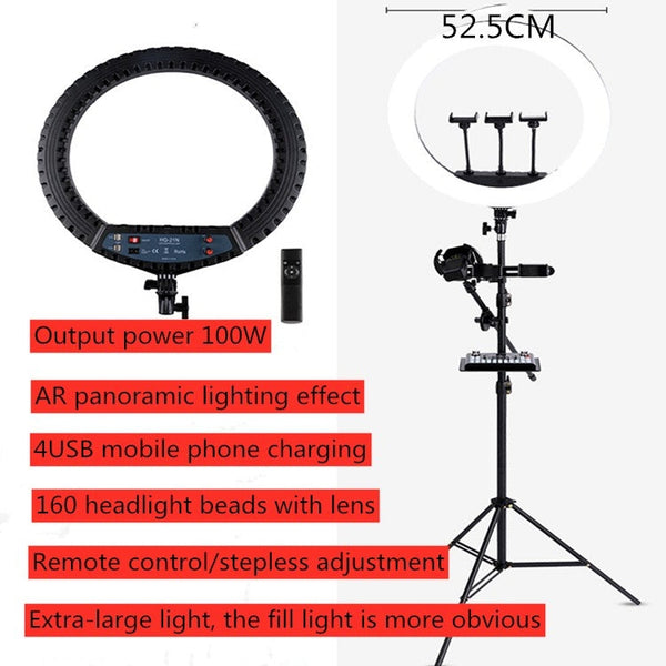 HQ-21N 21 inch 52.5cm LED Ring Vlogging Photography Video Lights Kits with Remote Control & Phone Clamp & 2.1m Tripod Mount, EU Plug, 21 inch