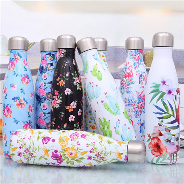 Animals Plants Pattern Thermal Cup Vacuum Flask Heat Water Bottle Portable Stainless Steel Sports Kettle, 500ml