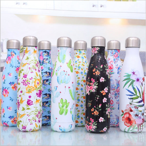 Animals Plants Pattern Thermal Cup Vacuum Flask Heat Water Bottle Portable Stainless Steel Sports Kettle, 500ml