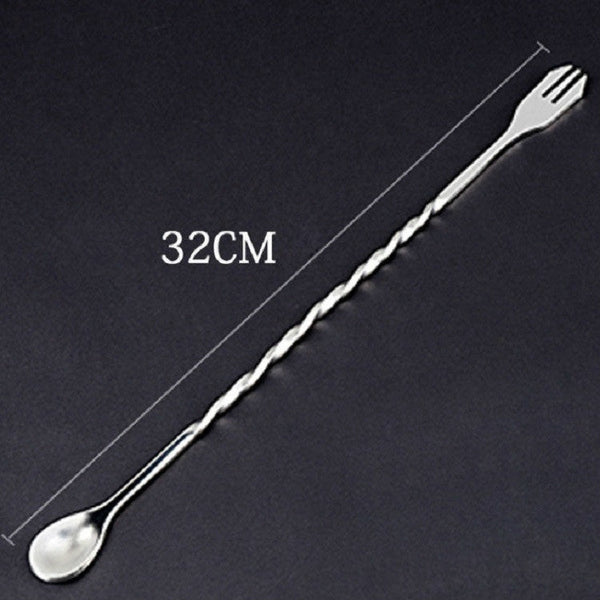 2 PCS Stainless Steel Long Handle Fork Spoon Cocktail Ice Stirrer Double Head Wine Mixing Stick