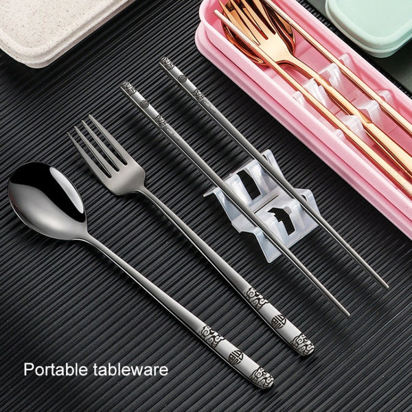 Stainless Steel Tableware Student Office Worker Portable Tableware Set, 2 PCS / Set Silver, 3 PCS / Set Silver, 2 PCS / Set Gold, 3 PCS / Set Gold, 2 PCS / Set Rose Gold, 3 PCS / Set Rose Gold, 2 PCS / Set Black, 3 PCS / Set Black