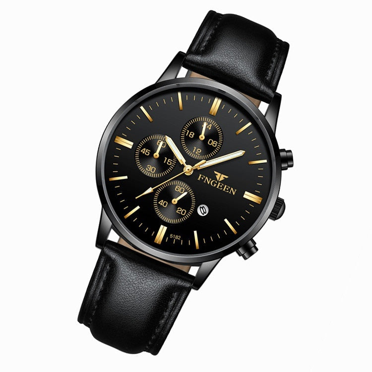 FNGEEN W5128 Men Three Eyes Subdial Luminous Quartz Watch Student Simple Watch, Black Leather Gold Shell Gold Surface, Black Leather Gold Shell Black Surface, Black Leather Gold Shell White Surface, All Black Surface Golden Nails                       ...