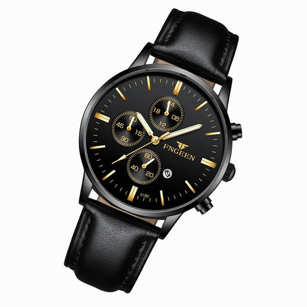 FNGEEN W5128 Men Three Eyes Subdial Luminous Quartz Watch Student Simple Watch, Black Leather Gold Shell Gold Surface, Black Leather Gold Shell Black Surface, Black Leather Gold Shell White Surface, All Black Surface Golden Nails                       ...