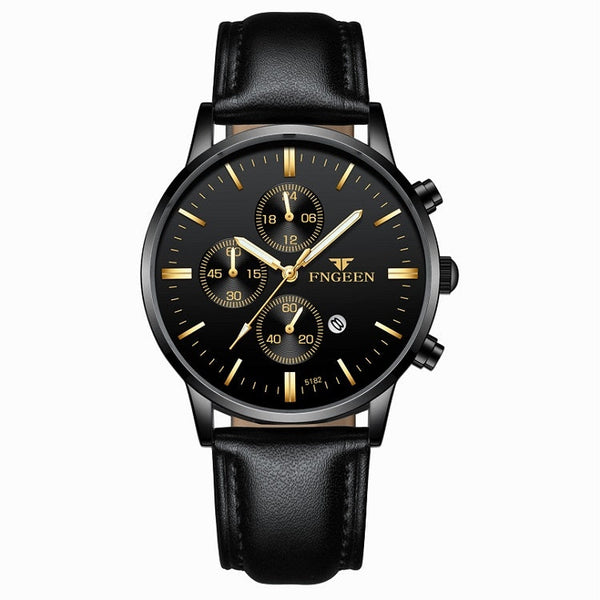FNGEEN W5128 Men Three Eyes Subdial Luminous Quartz Watch Student Simple Watch, Black Leather Gold Shell Gold Surface, Black Leather Gold Shell Black Surface, Black Leather Gold Shell White Surface, All Black Surface Golden Nails                       ...