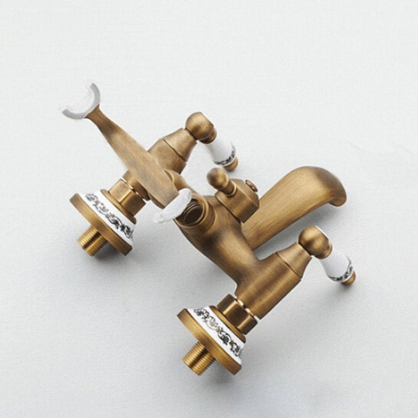 Antique Brass Wall Mounted Bathroom Tub Faucet Dual Ceramics Handles Telephone Style Hand Shower