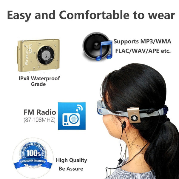 IPX8 Waterproof Swimming Diving Sports MP3 Music Player with Clip & Earphone, Support FM