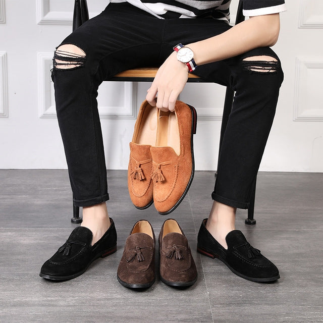 Men Leather Shoes Suede Tassels Slip-on Peas Shoes