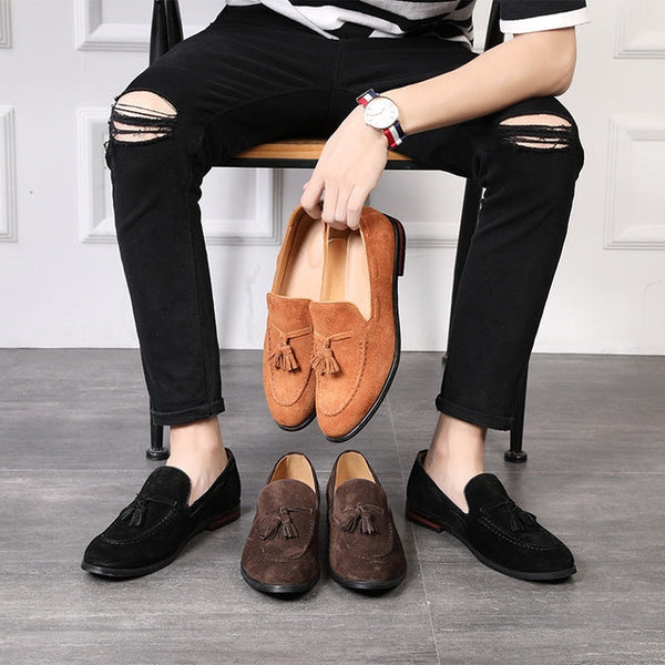 Men Leather Shoes Suede Tassels Slip-on Peas Shoes