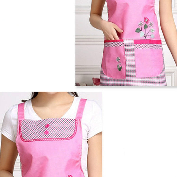 Home Adult Sleeveless Waterproof Grid Anti-oil Aprons with Double Pocket