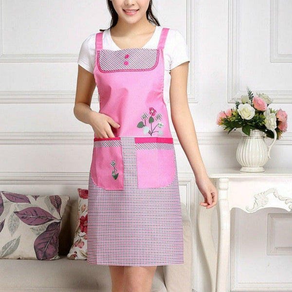 Home Adult Sleeveless Waterproof Grid Anti-oil Aprons with Double Pocket