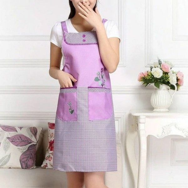 Home Adult Sleeveless Waterproof Grid Anti-oil Aprons with Double Pocket