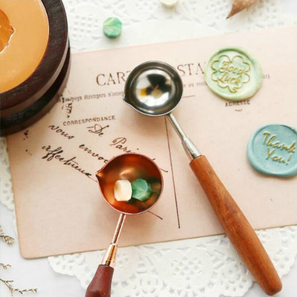 Wooden Handle Brass Seal Wax Spoon Tool Melting Sealing Wax Hand Account Stainless Steel Fire Paint Spoon, Straight Round Wooden Spoon