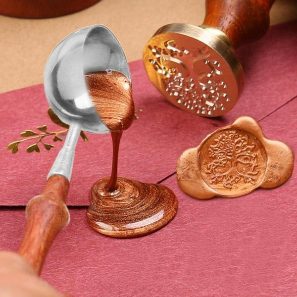 Wooden Handle Brass Seal Wax Spoon Tool Melting Sealing Wax Hand Account Stainless Steel Fire Paint Spoon, Straight Round Wooden Spoon