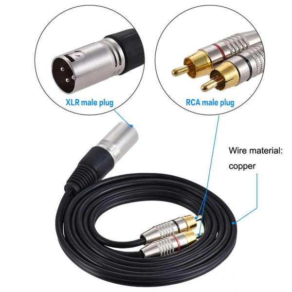 XLR Male To 2RCA Male Plug Stereo Audio Cable, Length:, 0.5m, 1m, 1.5m, 2m, 3m, 5m, 8m, 10m