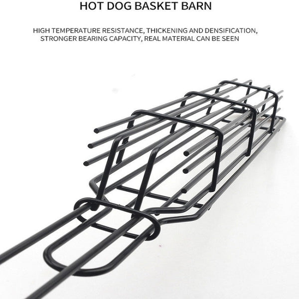 2 PCS Hot Dog Barbecue Cage Sausage Barbecue Clip Barbecue Clip Mesh Wooden Handle Barbecue Mesh Rack, Wood color, Red