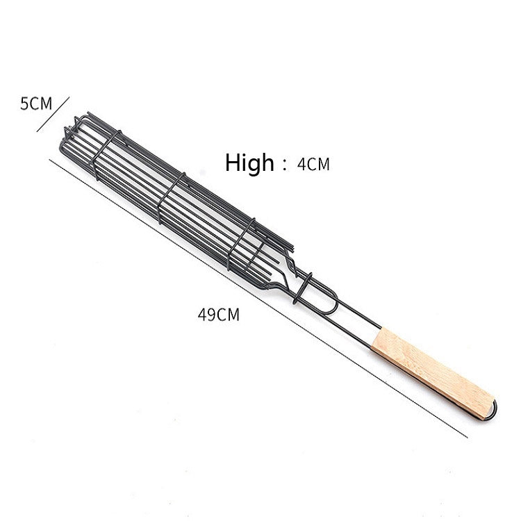 2 PCS Hot Dog Barbecue Cage Sausage Barbecue Clip Barbecue Clip Mesh Wooden Handle Barbecue Mesh Rack, Wood color, Red