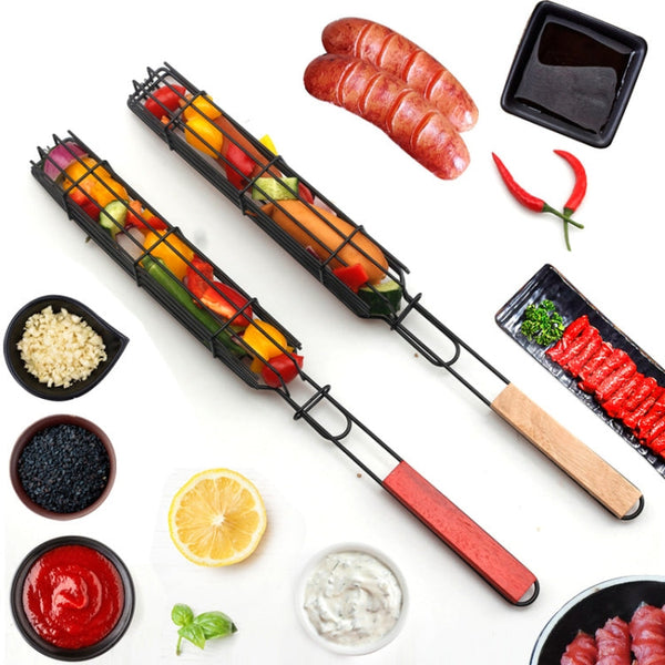 2 PCS Hot Dog Barbecue Cage Sausage Barbecue Clip Barbecue Clip Mesh Wooden Handle Barbecue Mesh Rack, Wood color, Red