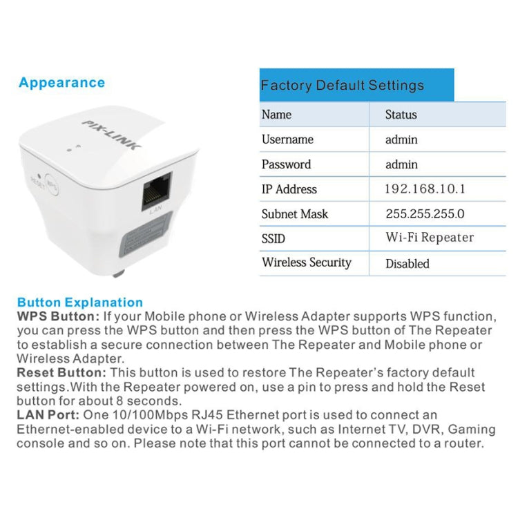 PIXLINK WR12 300Mbps WIFI Signal Amplification Enhanced Repeater, EU Plug, UK Plug, US Plug, AU Plug