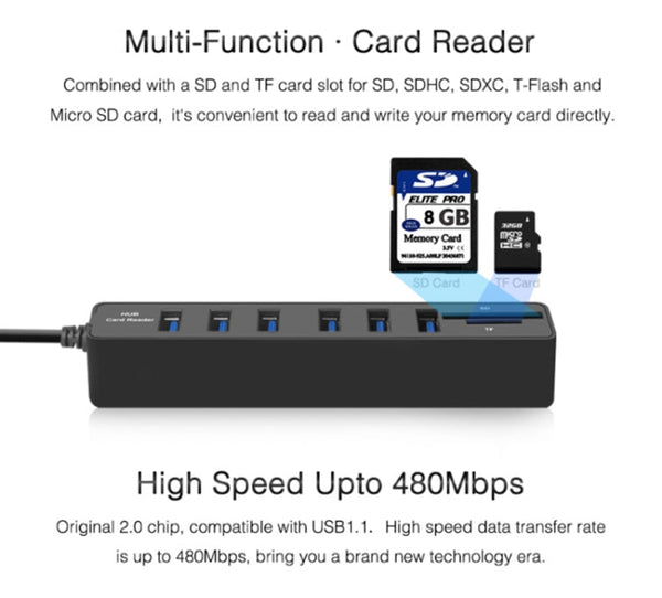 Multi USB 2.0 Hub USB Splitter High Speed 6 Ports with TF SD Card Reader