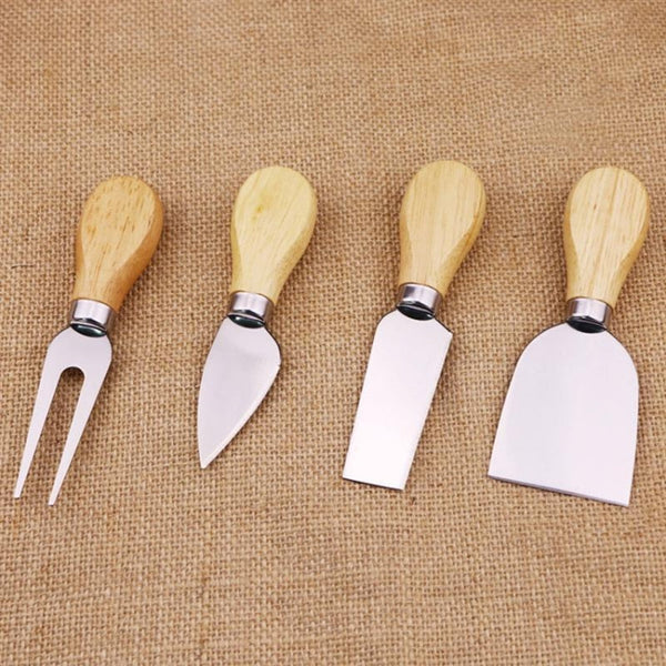 4pcs / Set Stainless Steel Cheese Knife Bamboo Handle Cheese Slicer Wood Handle Cheese Knives Set Cutter, 4 in 1  Cheese Knife