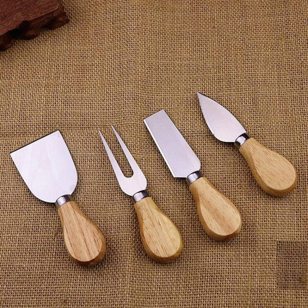 4pcs / Set Stainless Steel Cheese Knife Bamboo Handle Cheese Slicer Wood Handle Cheese Knives Set Cutter, 4 in 1  Cheese Knife