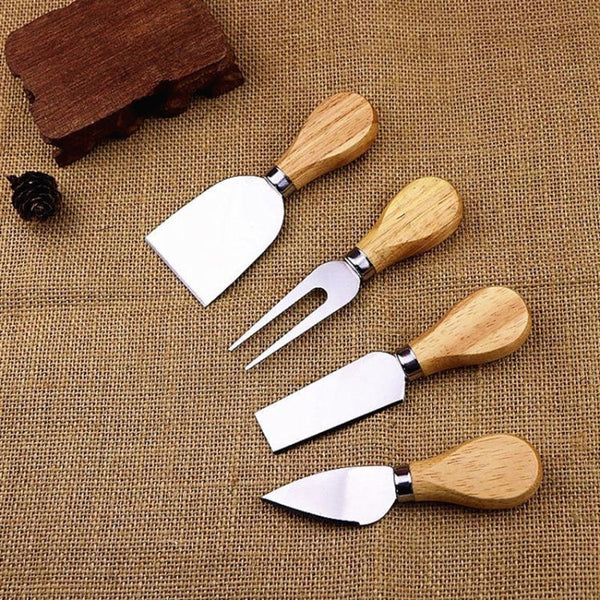 4pcs / Set Stainless Steel Cheese Knife Bamboo Handle Cheese Slicer Wood Handle Cheese Knives Set Cutter, 4 in 1  Cheese Knife