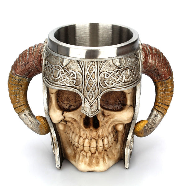 Stainless Steel Skull Mug Ram Horned Warrior Beer Coffee Mug Tea Cup Halloween Bar Drinkware Gift, 501-600ml