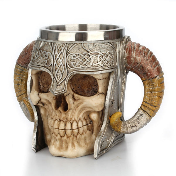 Stainless Steel Skull Mug Ram Horned Warrior Beer Coffee Mug Tea Cup Halloween Bar Drinkware Gift, 501-600ml