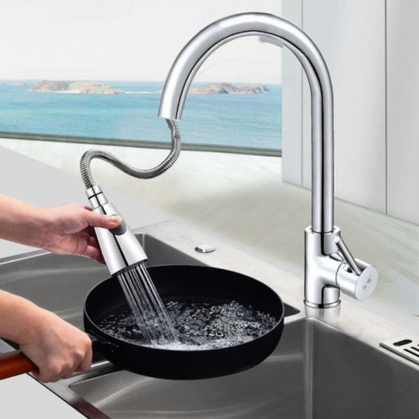 Kitchen Pull-out Faucet Hot And Cold Home 304 Stainless Steel Retractable Rotating Faucet
