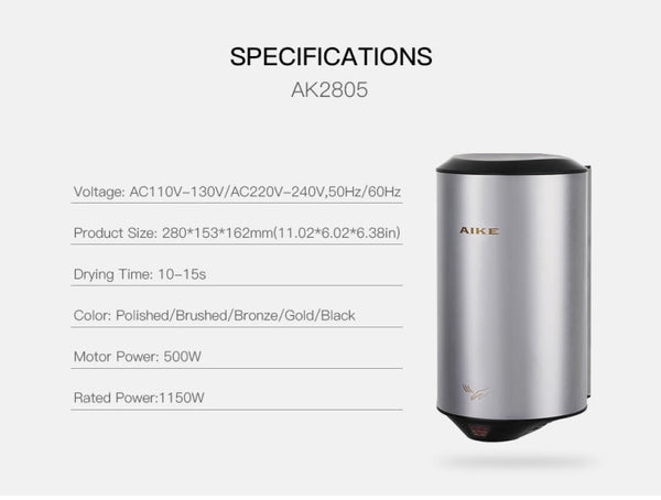 304 Stainless Steel Automatic SensorJet Hand Dryer High Speed Airflow for Home Hotel Airport Hands Drying Machine