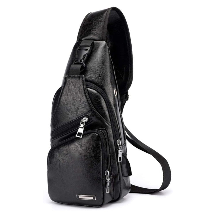Waterproof Leisure PU Leather Single Shoulder Bag Men Chest Bag with USB Charging Port and Headphone Hole