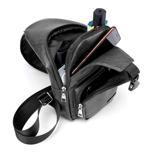 Waterproof Leisure PU Leather Single Shoulder Bag Men Chest Bag with USB Charging Port and Headphone Hole