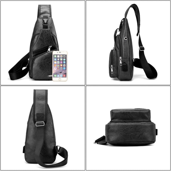 Waterproof Leisure PU Leather Single Shoulder Bag Men Chest Bag with USB Charging Port and Headphone Hole