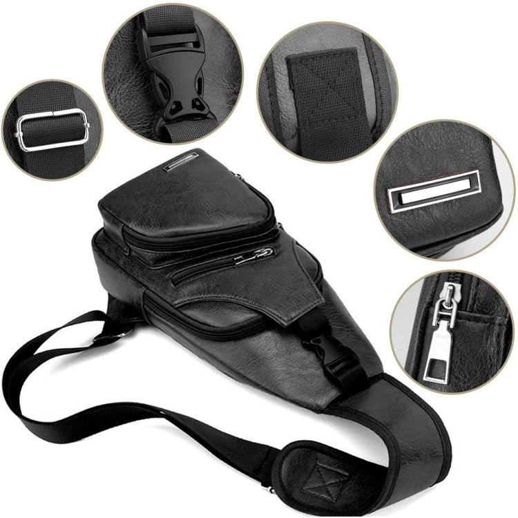 Waterproof Leisure PU Leather Single Shoulder Bag Men Chest Bag with USB Charging Port and Headphone Hole
