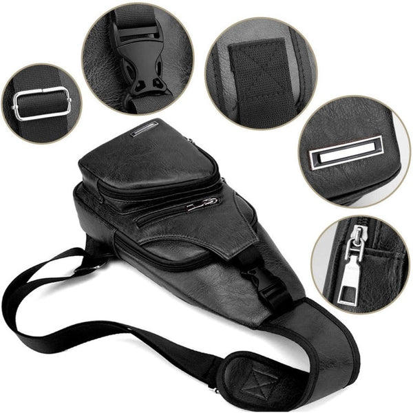 Waterproof Leisure PU Leather Single Shoulder Bag Men Chest Bag with USB Charging Port and Headphone Hole