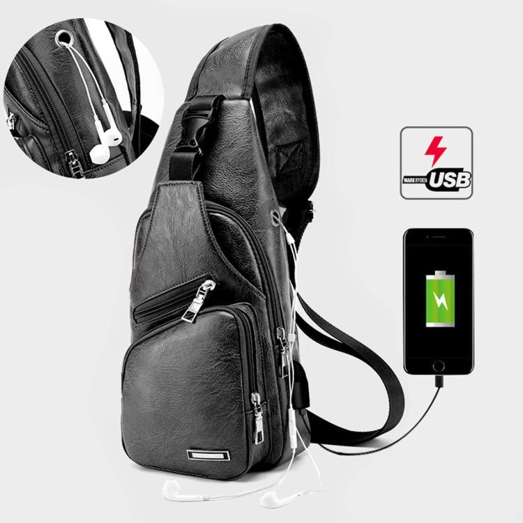 Waterproof Leisure PU Leather Single Shoulder Bag Men Chest Bag with USB Charging Port and Headphone Hole