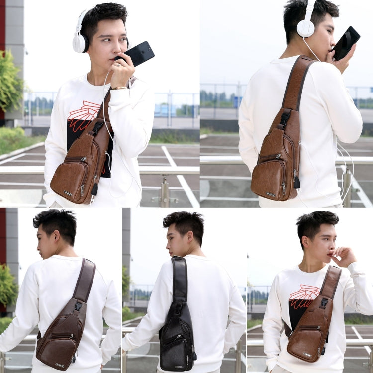 Waterproof Leisure PU Leather Single Shoulder Bag Men Chest Bag with USB Charging Port and Headphone Hole