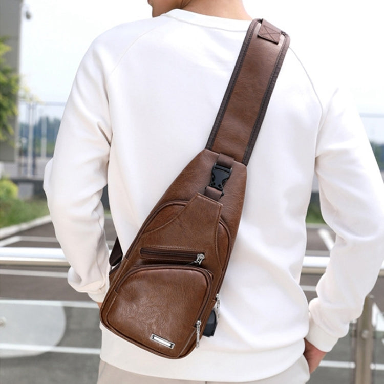Waterproof Leisure PU Leather Single Shoulder Bag Men Chest Bag with USB Charging Port and Headphone Hole