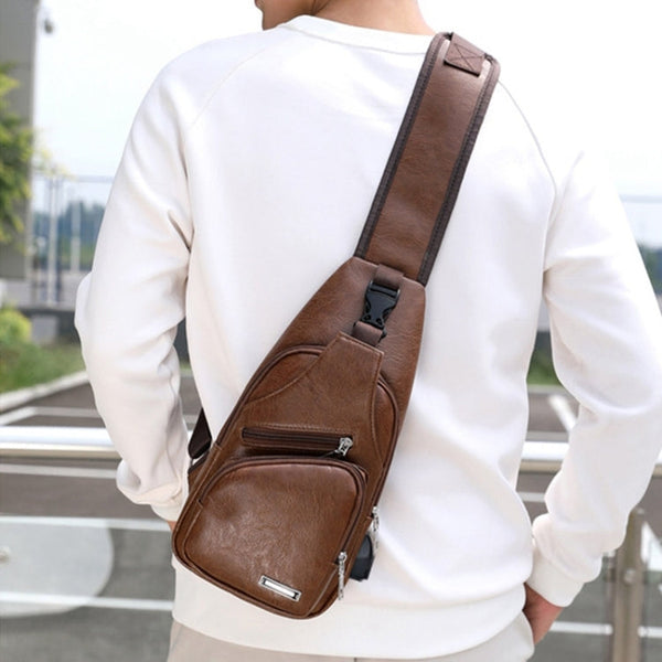 Waterproof Leisure PU Leather Single Shoulder Bag Men Chest Bag with USB Charging Port and Headphone Hole