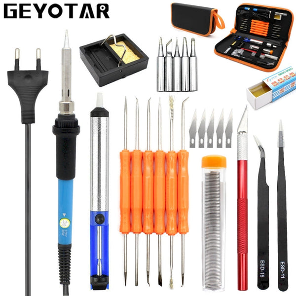 60W Adjustable Temperature Electric Soldering Iron Kit + 5 PCS Tips Portable Welding Repair Tool Tweezers Hobby knife, EU Plug, US Plug