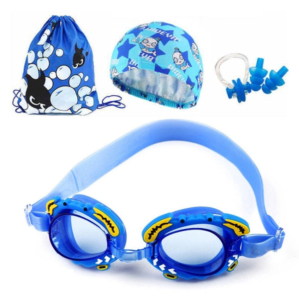 4 in 1 Cartoon Little Crab Waterproof and Anti-fog Silicone Swimming Goggles + Printed Pattern Swimming Cap + Nose Clip Earplugs + Storage Bag Swimming Equipment Set for Children, 4 in 1 Swimming Set (Blue Crab), 4 in 1 Swimming Set (Pink Crab)        ...