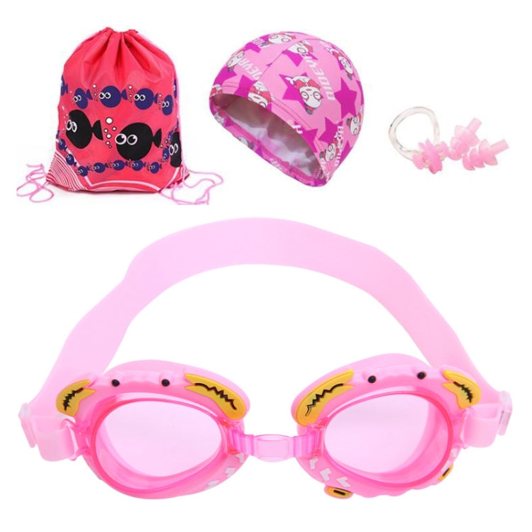 4 in 1 Cartoon Little Crab Waterproof and Anti-fog Silicone Swimming Goggles + Printed Pattern Swimming Cap + Nose Clip Earplugs + Storage Bag Swimming Equipment Set for Children, 4 in 1 Swimming Set (Blue Crab), 4 in 1 Swimming Set (Pink Crab)        ...