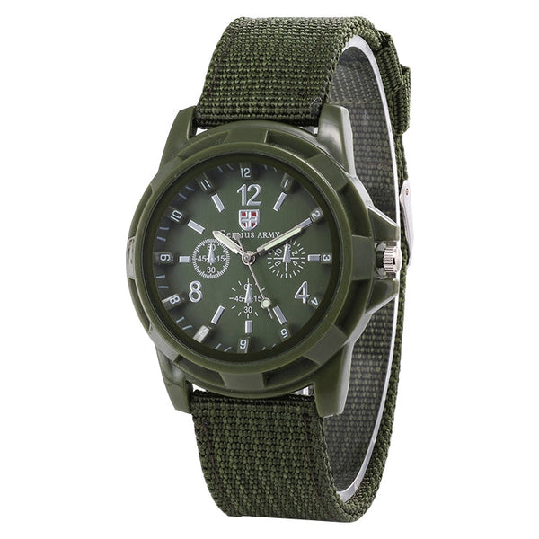 055 Men Canvas Strap Luminous Watch, Black belt black face, Blue dial, Green